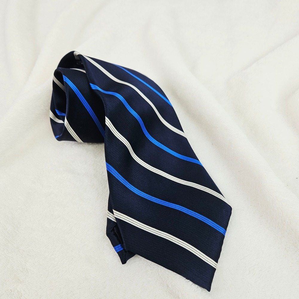 Marco Laurenti Italy Navy Blue Striped Silk Tie Hand Made 3.5 Inch Wide Mens